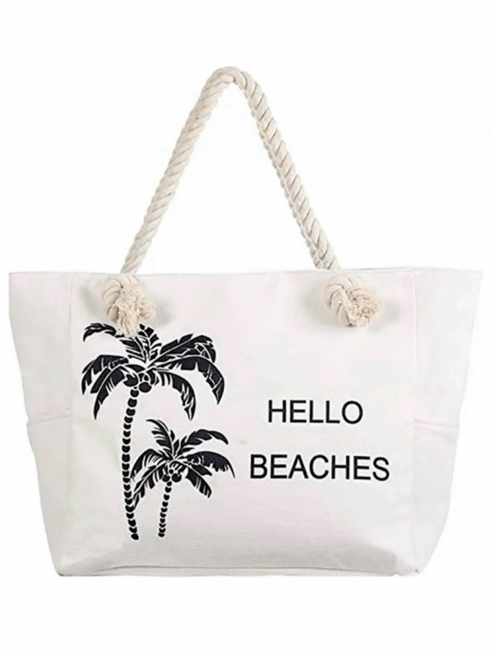 (NWT) TESALATE • Cream/Black “Hello Beaches” and Palm Trees Large Beach Tote Bag
